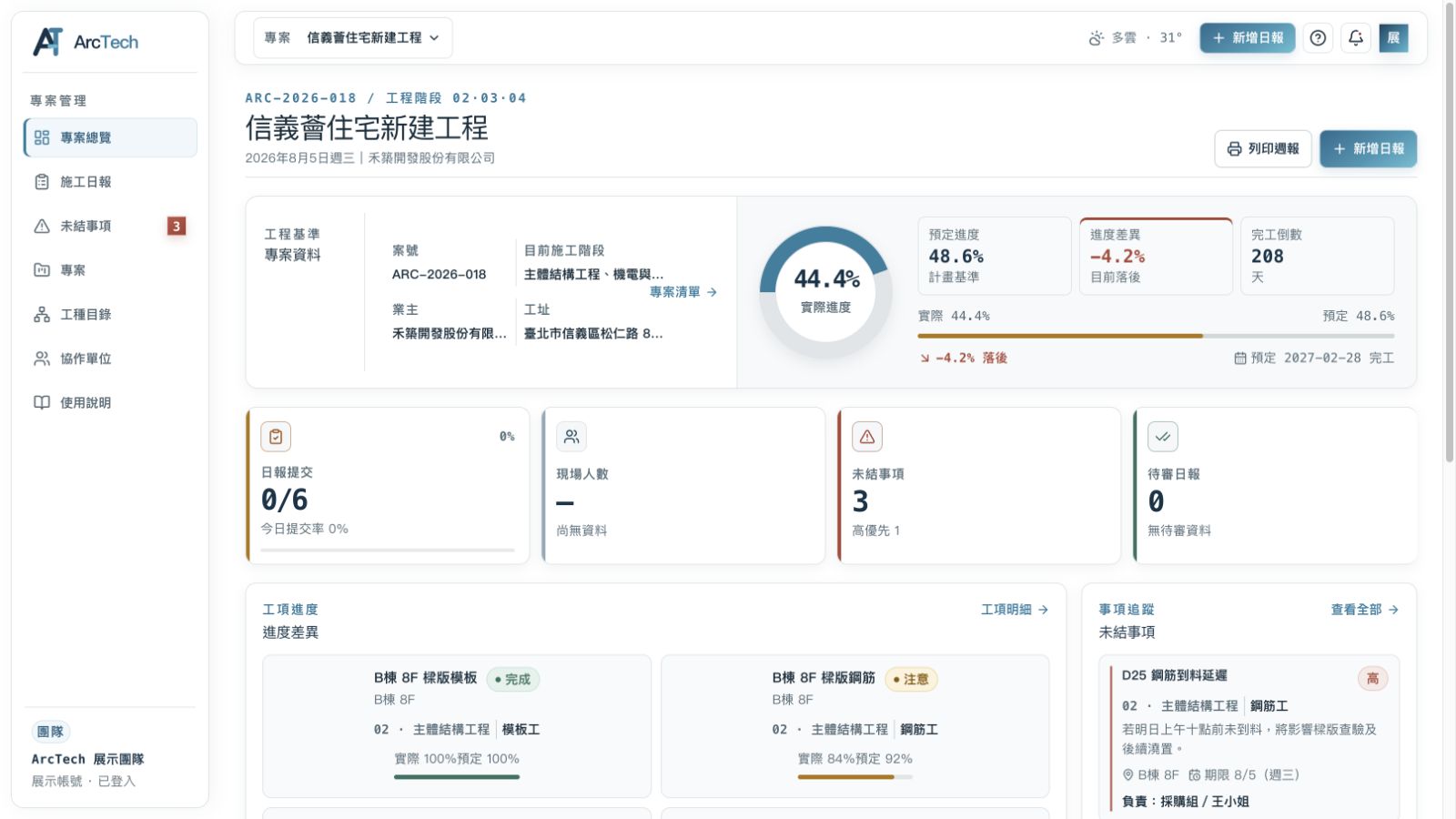 ArcTech 工程管理系統的專案進度與缺失追蹤畫面